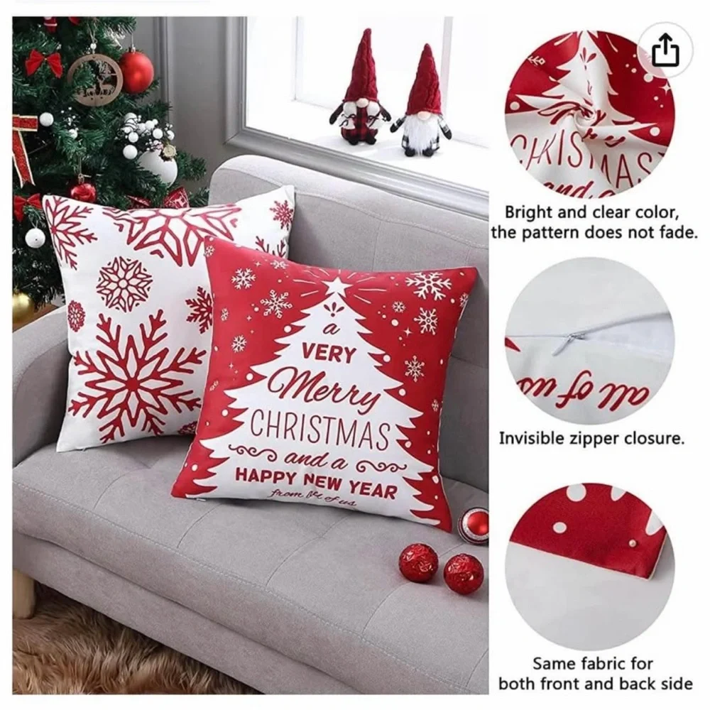 NEW (NIP) Festive Red and White Christmas Pillow Covers (no inserts) 18” x 18”